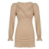 Style Elegant Autumn Mini Bodycon Dress Women Cross V Neck Long Puff Sleeve Pleated Party Dresses Robe Femme