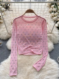 Letter Beadings Women Blouse O Neck Long Sleeves 2023 Autumn Fashion Senior Streetwear Hotsweet T Shirt Sheer Y2K