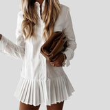 Women Spring Autumn Casual Lapel Mini Dress Button Ladies A-line Office Long Sleeve White Pleated Shirt
