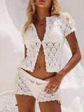 Spring And Summer New Women's Shawl Short Hollow Knitted V-Necked Shirt Shorts