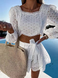 Square Collar Puff Long Sleeve Short Top High Waist Lace Up Shorts Beach Loose Women's Suits Summer Casual Solid Shorts