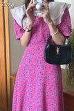 Vintage Double Ruffle Floral Cultivation Dress Summer Women Korean Ladies Chic Dresses Elegant Woman Dress 2023
