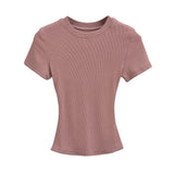 Zingj Trend Women's Wear Thread Slim Short-Sleeved T-Shirt Sexy Round Collar Solid Color Shoulder Show Thin Short Navel