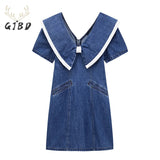 Clothing Denim Dress Vintage V Neck Bow Short Sleeve Casual Fashion High Waist Baggy A-Line Short Skirt Ladies