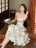 Floral Chiffon Midi-dresses Women Sleeveless Spaghetti Strap Backless Ruffle Dress Elegant Casual Party Ladies
