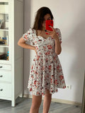Print Square Neck Puff Sleeve Pleated Hem Dress Summer Backless A-line Casual Dress Women Short Dress Floral