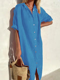 Casual Loose Sleeves Button Dress Cotton And