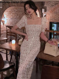 Sexy Long Lace Dress Women Korean Elegant Vintage Chic Design Bodycon Dress Female Summer Casual Evening Party