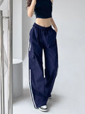 Streetwear Striped Cargo Pants Women High Waist Pockets Americam Casual Trousers Harajuku Loose Chic Patchwork