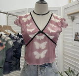 Sexy Hottie V-Neck Butterfly Print Short-Sleeved T-Shirt Slime Short-Navel Net T-Shirt Girl
