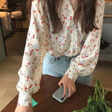 Women Elegant Floral Ulzzang V-neck Chic Autumn Ladies Clothes Top Long Sleeve Lovely Simple Sweet Popular Womens