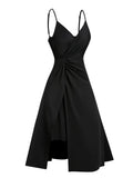 Plain Color Twisted Slit Plunging Midi Dress Solid Color Casual High Waist Plunging Neck Sleeveless High Stretch