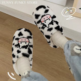 Shoes Flocky Fur Cartoon Animal Dairy Cow Desgin Slippers for Woman Fluffy Upper Antislip House Flat