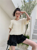 Designer Puffy Plaid Summer Womens Tops And Blouses 2021 Fashion Short Sleeve Crew Neck Beige Top Korean