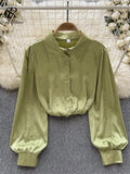 Autumn Senior Vintage Shirt 2023 Fashion Lantern Sleeve Loose Beading Design Top Women Lapel Streetwear Diamons
