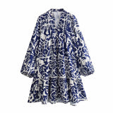 Single-Dlong Short Dress 2025 Spring/Summer V-Neck Print Long-Sleeved Loose