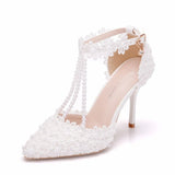 White Lace Wedding Shoes One-Word Wristband Bridal Shoes Fine Heel Tip Wedding Shoes Women's