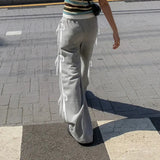 Grey Stripe Ribbon Drawstring Sweatpants-Outfit