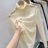 Zingj Air Fluttering Jacket Pleated Wood Ear Net Gauze Bottom Clothes Female Ultra Thin Perspective Pile Collar Lace Unlined Upper