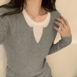 Ins Color Splicing Fake Two Long-Sleeved Tops Women's New Minority Autumn And Winter Knitted Bottomed