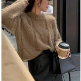 Twist Sweater Women's Winter Korean Gentle Blouse Long Sleeves Loose Thin Round Neck Pullover Knitted Bottom