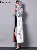 Spring Autumn Long Luxury Shiny Reflective Holographic Patent Pu Leather Trench Coat for Women European Fashion