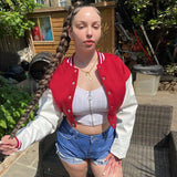 Fashion Casual Streetwear Women Long Sleeve Single Breasted PU Leather Patchwork Coat Sportswear Slim Female