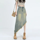 Zingj High Waist A-Line Denim Skirt Skirt Female Spring And Autumn Irregular Design Sense Long Skirt Small Tassel
