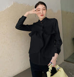 Designer White Ruffle Long Sleeve Button Up Shirt For Women Stand Collar Black Korean Fashion Top Blouse Fall