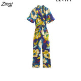 Women Fashion With Belt Floral Print Straight Jumpsuits Vintage Short Sleeve Front Buttons Female Playsuits