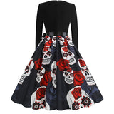Midi Women Halloween Dress Autumn Winter Vintage Printed V-Neck Long Sleeve Swing Party Festival Sundress S~3XL