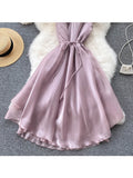 Elegant V-neck Women Dresses Sexy Backless Sweet Solid Lace Up Ruffle Fairy Vestidos Summer Beach A-line Princess