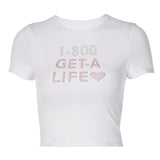 2000s Aesthetics Cute Rhinestones Trim Hot Pink Baby Tees Y2K Fashion Basic Letter Print O-neck Short Sleeve T-shirt