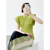 Folded Summer Korean Version Of The Shape Of The Round Collar Folded Short-Sleeved T-Shirt For Women's Relaxed Leisure Pure Color