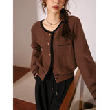 Knitted Cardigan for Women Autumn Winter 2022 Korean Slim Contrast Color Pockets O-Neck Female Single Breasted