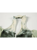 New Autumn Vintage Gauze Hollow V-Neck Off-Shoulder Green Tie Dyed E-girl Crop Tops Women's Party Club Sexy T-Shirt
