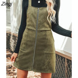 PETAL Olive Faux Suede O-Ring Pinafore Dress For Women Sexy Square Neck Shift Mini Dress 2023 Autumn Winter Female
