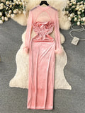 Sexy Velvet Patchwork Dress Hollow Out Mesh Long Sleeves Fur Design Slim Autumn France Chic Ladies Evening Party