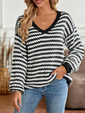 Women's Wear 2025 Winter Casual Ladies V-Neck Loose Striped Long Sleeve