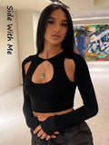 with Me Long Sleeve Cropped Corset Women crop Top 2022 Summer Sexy Cut Out casual party Club Black T-shirts for