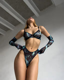 Mesh Printed Tie Dye Lingerie Set With Stocking Sleeve-Outfit