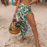 New Bikini Set Beach Skirt Tunics for Beach Long Leaves Print Bikini Cover up Robe de Plage Sarong Beach Swimsuit