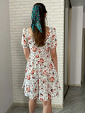Print Square Neck Puff Sleeve Pleated Hem Dress Summer Backless A-line Casual Dress Women Short Dress Floral