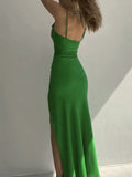 Cowl Neck Split Satin Maxi Dress- Outfit