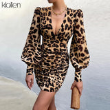 Autumn Fashion Sexy V Neck Leopard Mini Dress For Women Casual Office Lady Elegant Floral Bodycon Dresses Birthday