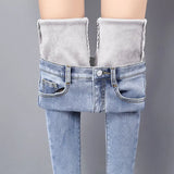 Jeans Pants For Women Plus Size Winter Blue Light blue Solid Skinny Fleeces Thick Pencil Pants with Velvet Denim