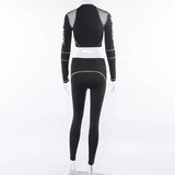 Fitness Sport Two Pieces Set Letter Print Turtleneck Top Leggings Striped Patchwork Fashion 2020 tops 2 Pcs