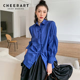 Klein Blue Vintage Bandage Lantern Sleeve Shirt For Women Long Sleeve Top Button Up Collared Shirt Blouse Fall