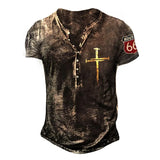 Summer Casual Short Sleeve T-shirt Men Vintage Button O-Neck Loose Pullover Tops Fashion Pattern Printed Tee Men