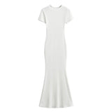 Zingj Trendy Women's Dress Sexy High Waist Hip Fishtail Skirt Temperament Solid Color Short-Sleeved Round-Neck Dress Long